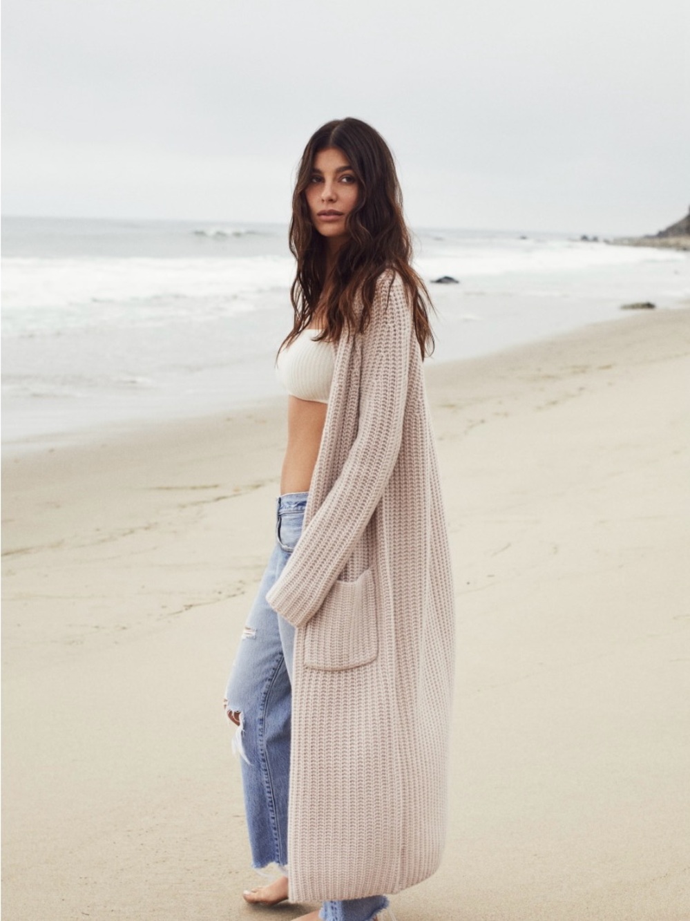 NakedCashmere Longline Open-Front Cardigan in Light Beige cream white freya